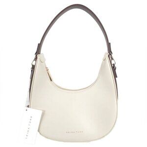 NWT TRINA TURK LEATHER OFF WHT / BROWN CRESCENT HOBO HANDBAG‎